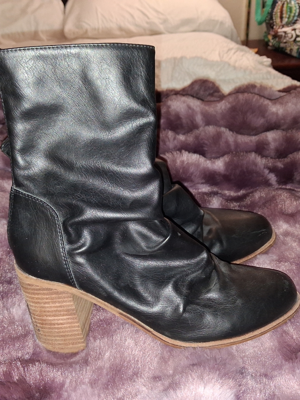 Women's Black Leather Mid-Calf Heeled Boots with Stacked Heel